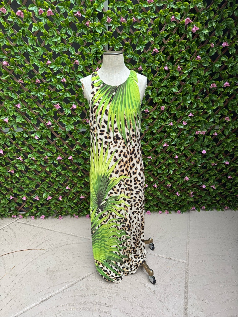 Tommy Bahama Sleeveless Green Palm & Leopard Print Maxi Dress
